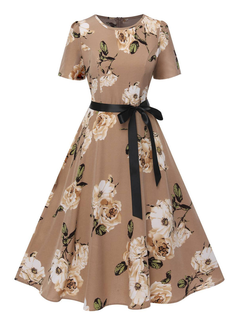 1950er Blumen Schleife Kurzarm Swing Kleid