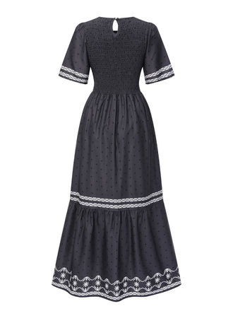 Grau 1940er Gesmokt Dots Moderates Maxikleid