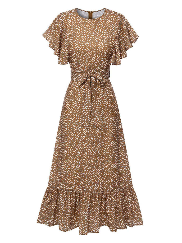 Kamelfarbe 1940er Polka Dots Rüschen Kleid