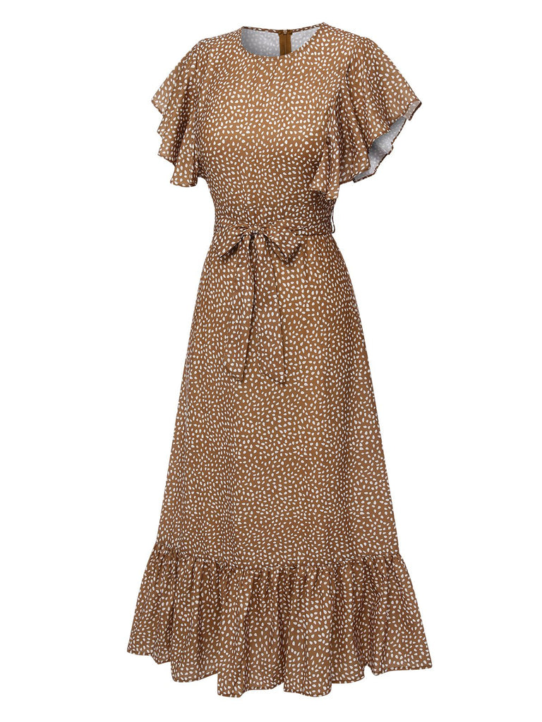 Kamelfarbe 1940er Polka Dots Rüschen Kleid