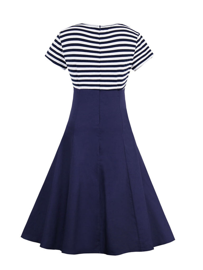 Dunkelblau 1940er Streifen Patchwork Revers Kleid