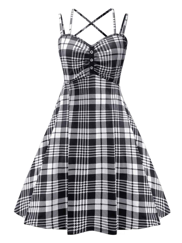 Schwarz 1950er Schottisches Plaid Träger Kleid