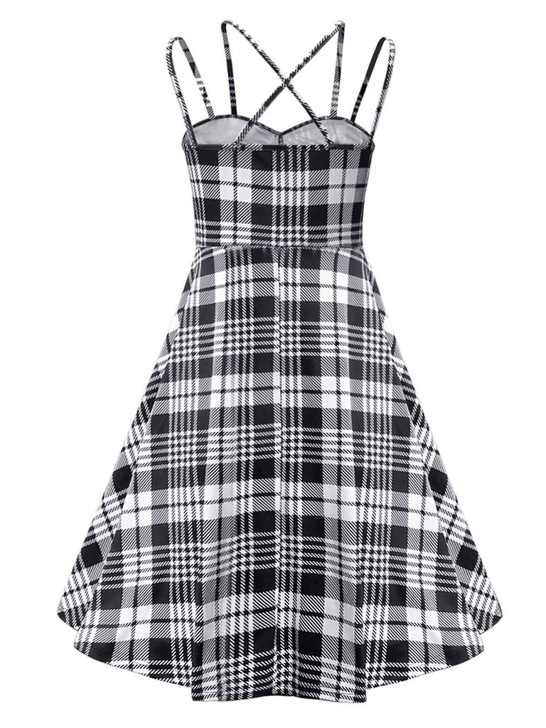 Schwarz 1950er Schottisches Plaid Träger Kleid