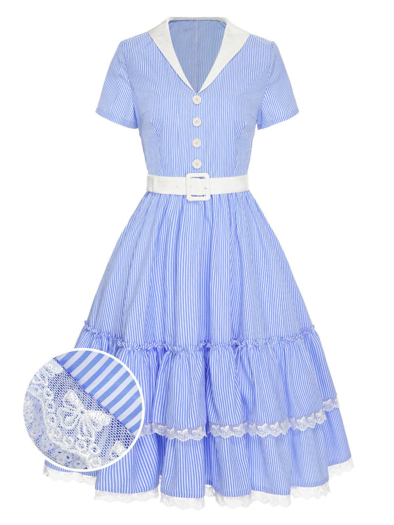 [Vorverkauf] Blau 1950er Streifen Revers Rüschen Spitzenkleid