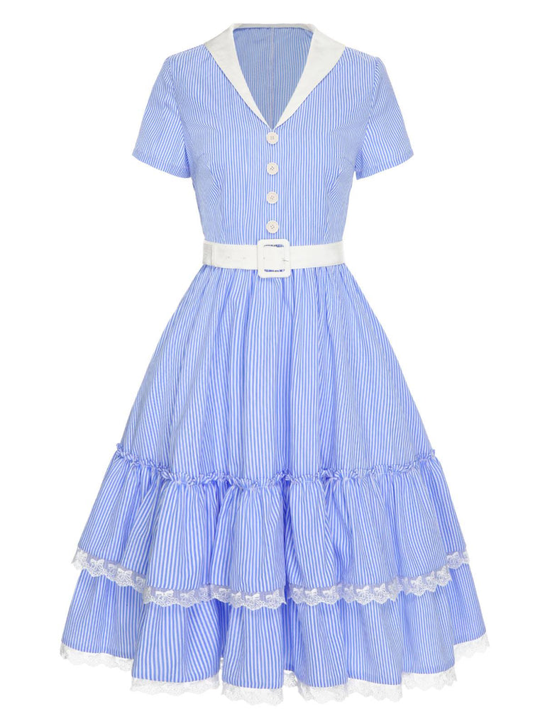 [Vorverkauf] Blau 1950er Streifen Revers Rüschen Spitzenkleid