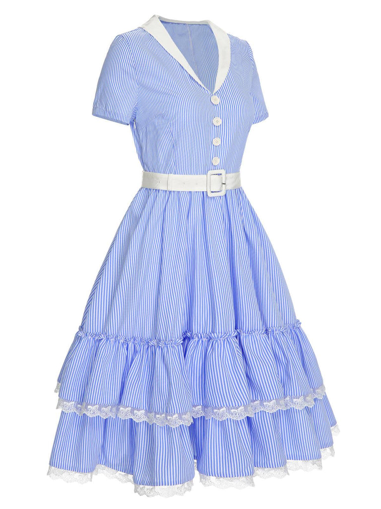 [Vorverkauf] Blau 1950er Streifen Revers Rüschen Spitzenkleid