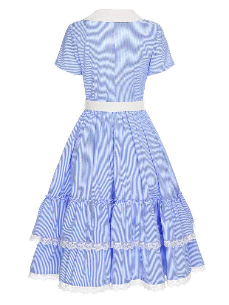 [Vorverkauf] Blau 1950er Streifen Revers Rüschen Spitzenkleid