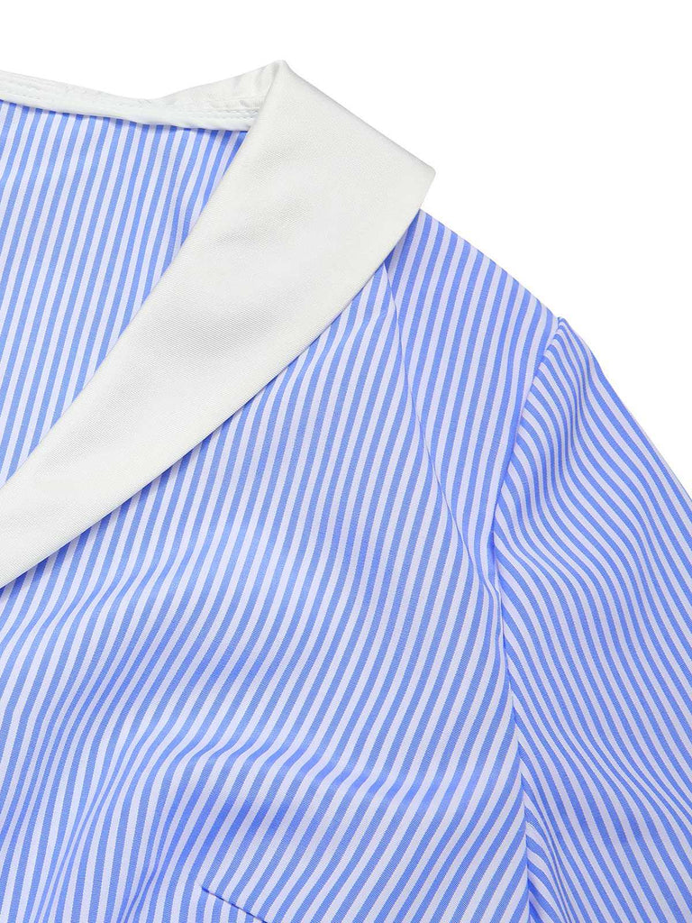 [Vorverkauf] Blau 1950er Streifen Revers Rüschen Spitzenkleid