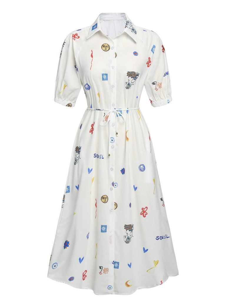 Weiß 1940er Hemd mit Soleil-Print Revers Kleid
