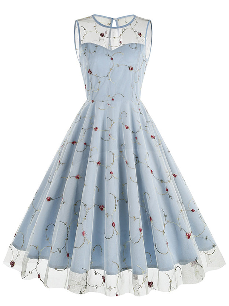 Blau 1950er Blumen Masche Swing Kleid