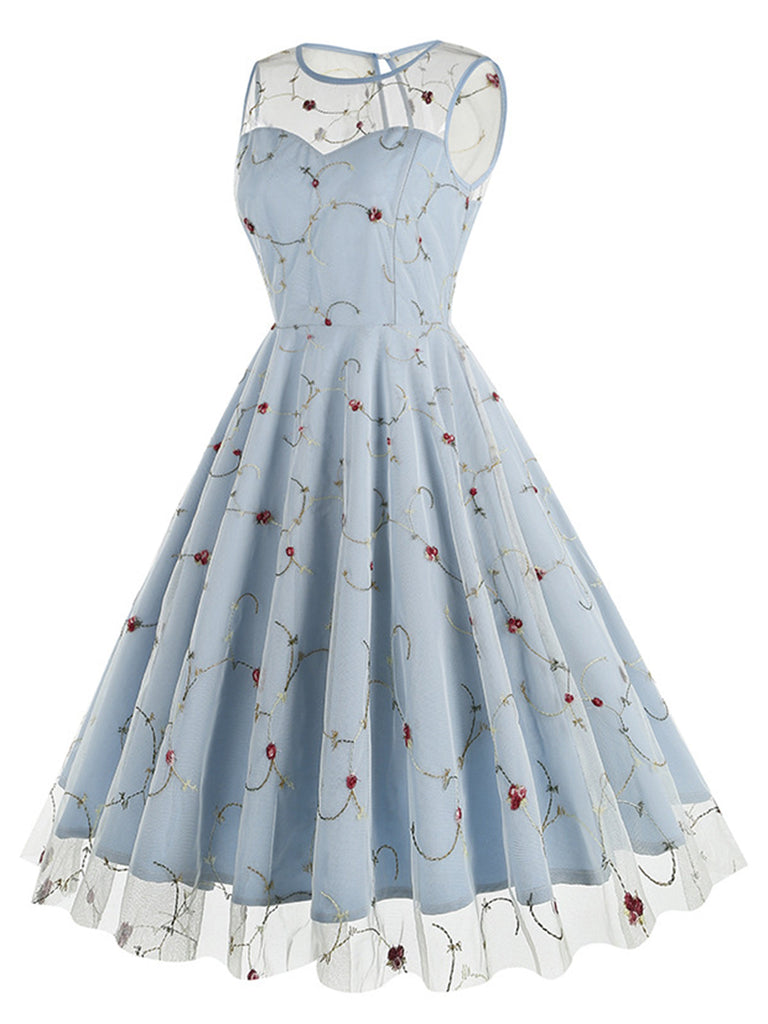 Blau 1950er Blumen Masche Swing Kleid