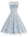 Blau 1950er Blumen Masche Swing Kleid