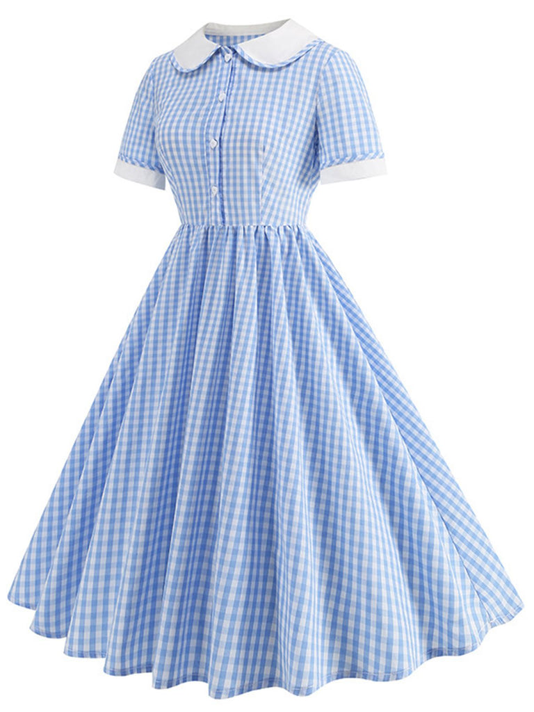 Blau 1950er Peter Pan Kragen Gingham Plaid Kleid