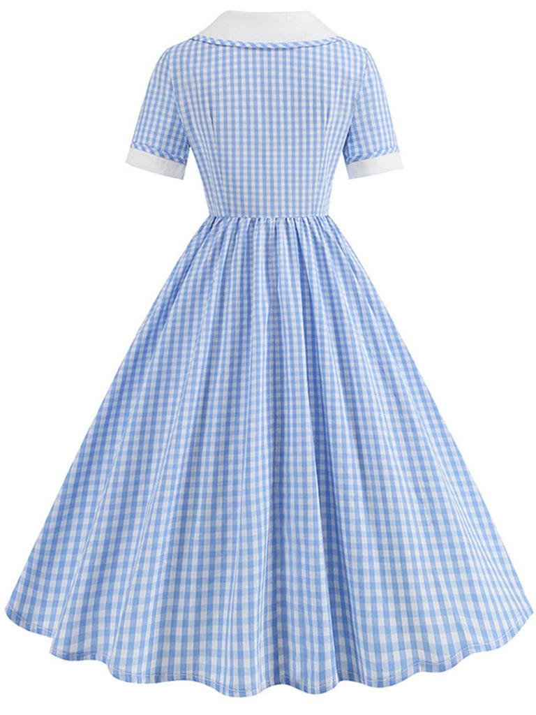 Blau 1950er Peter Pan Kragen Gingham Plaid Kleid