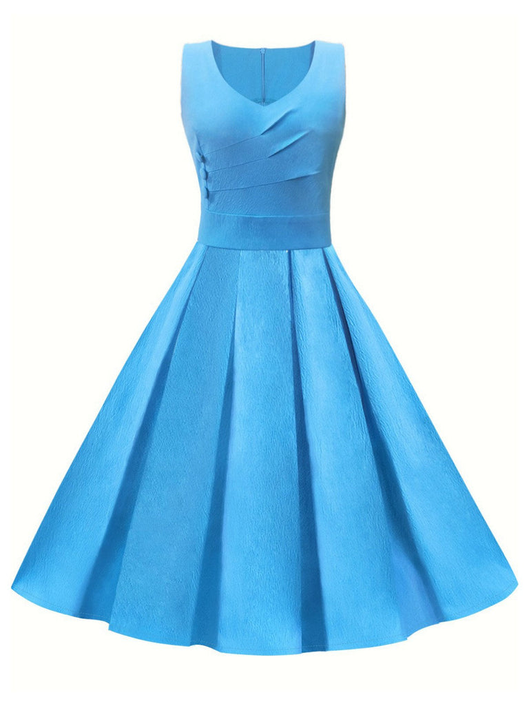 Blau 1950er Solide Ärmelloses Swing Kleid