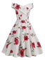 Weiß 1950er Rosen Schulterfrei Kleid