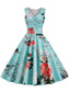 Blau 1950er Blumen Herzhalsband Swing Kleid