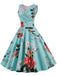 Blau 1950er Blumen Herzhalsband Swing Kleid