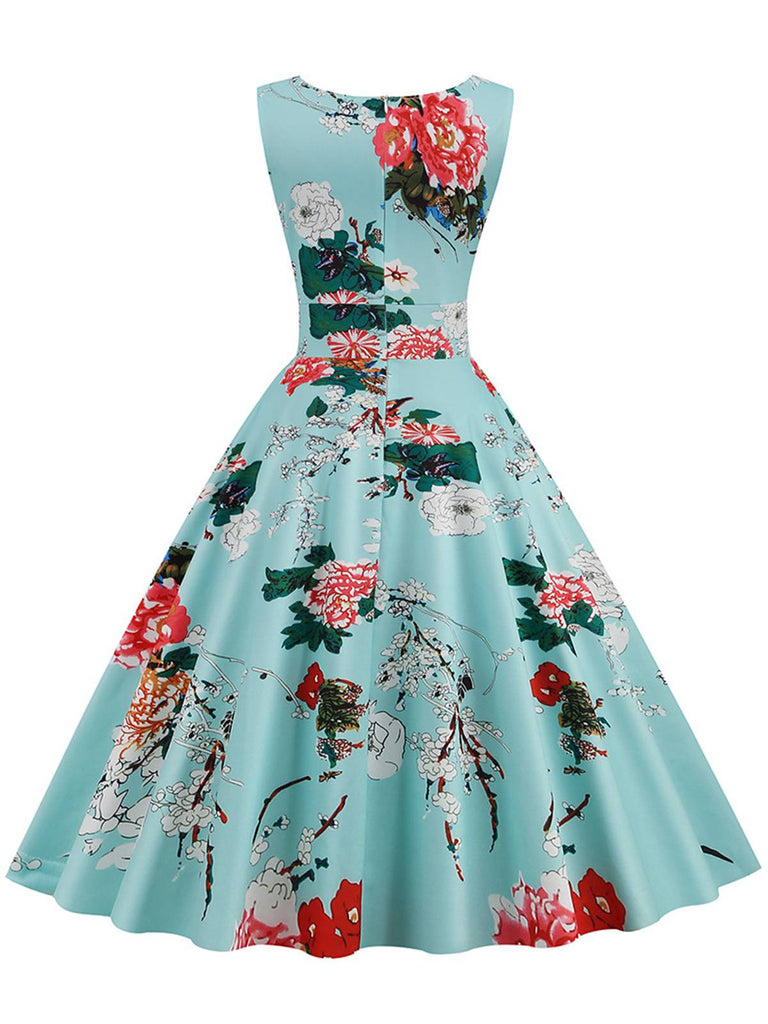 Blau 1950er Blumen Herzhalsband Swing Kleid