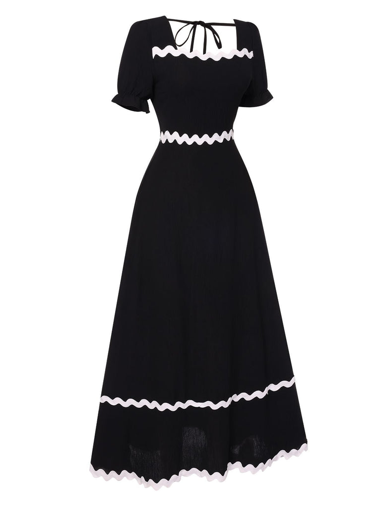 Schwarz 1930er Eckiger Ausschnitt Schnürung Puffärmel Kleid
