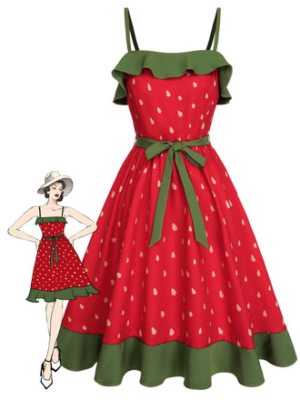 Rot 1950er Erdbeere Rüsche Kleid mit Gürtel