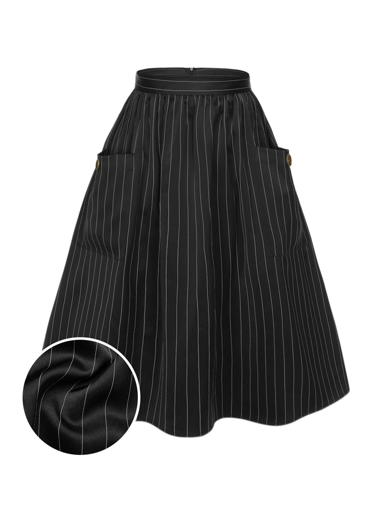 [Vorverkauf] Schwarz 1950er Streifen Rock mit Taschen