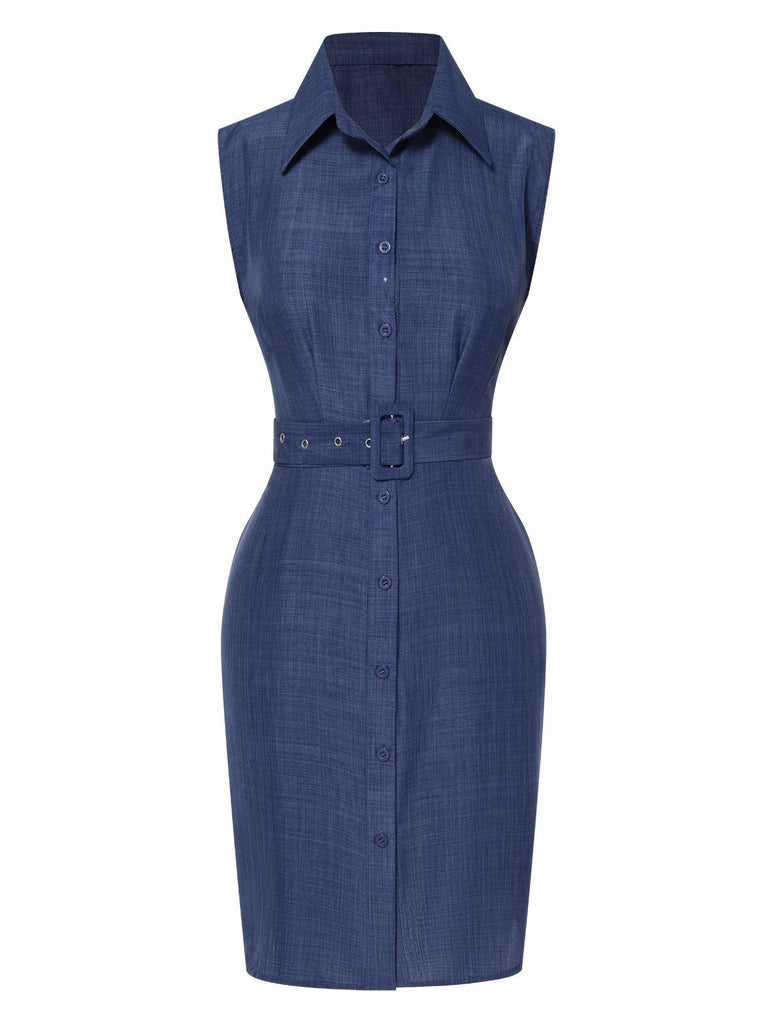 Blau 1960er Revers Ärmellos Kleid mit Gürtel