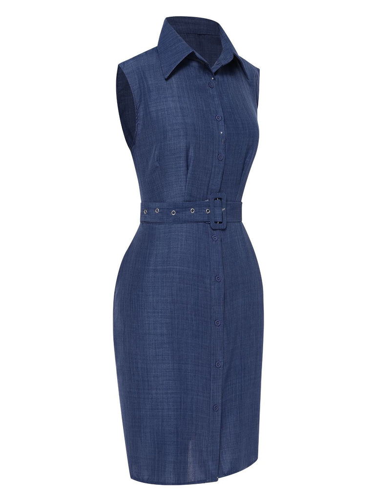 Blau 1960er Revers Ärmellos Kleid mit Gürtel