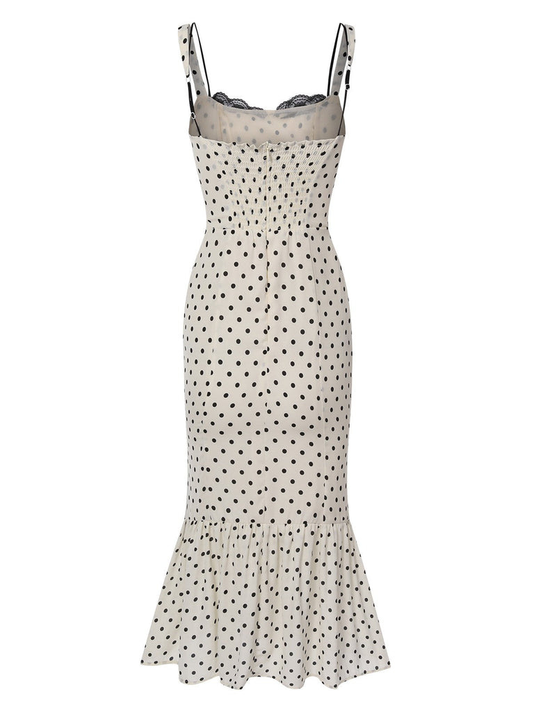 Weiß 1930er Polka Dots Gurt Meerjungfrauenkleid