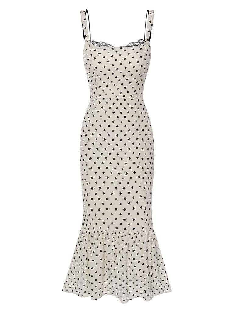 Weiß 1930er Polka Dots Gurt Meerjungfrauenkleid