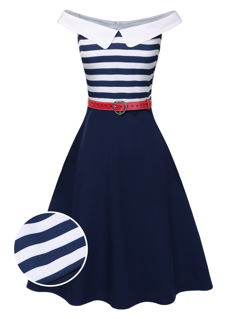 [Vorverkauf] Dunkelblau 1950er Streifen Schulterfrei Kleid
