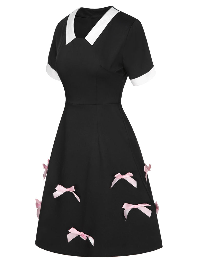 [Vorverkauf] Schwarz 1960er Kontrast Schleife Revers Kleid