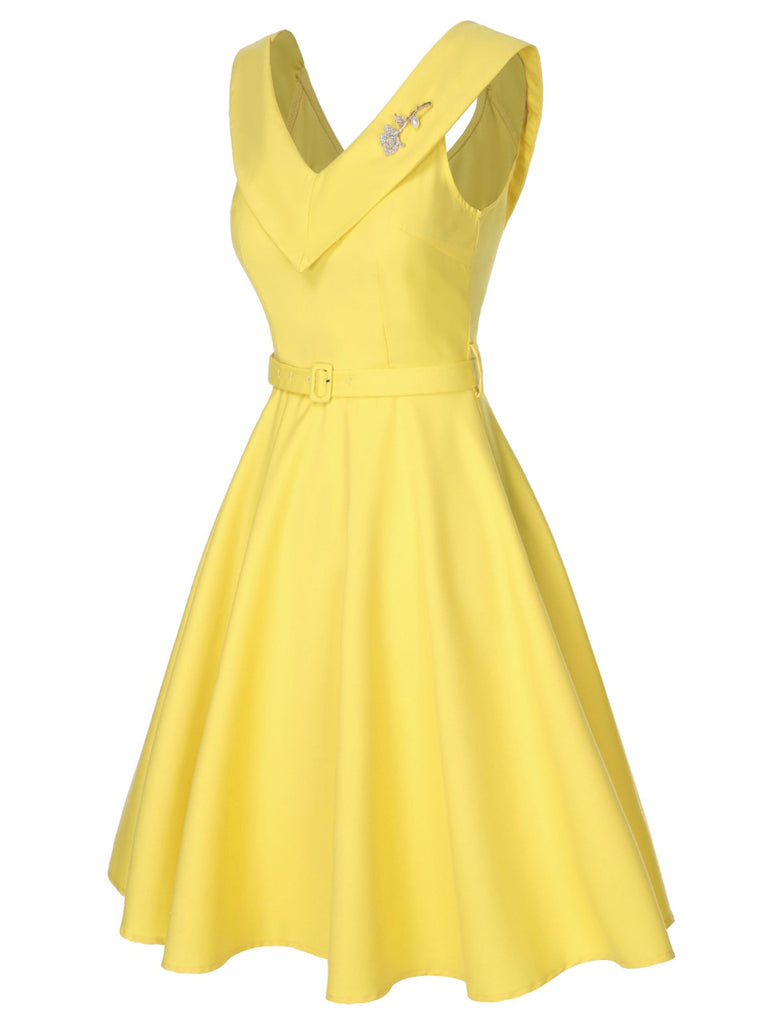 [Vorverkauf] Gelb 1950er Vintage V-Ausschnitt Regenschirm Kleid