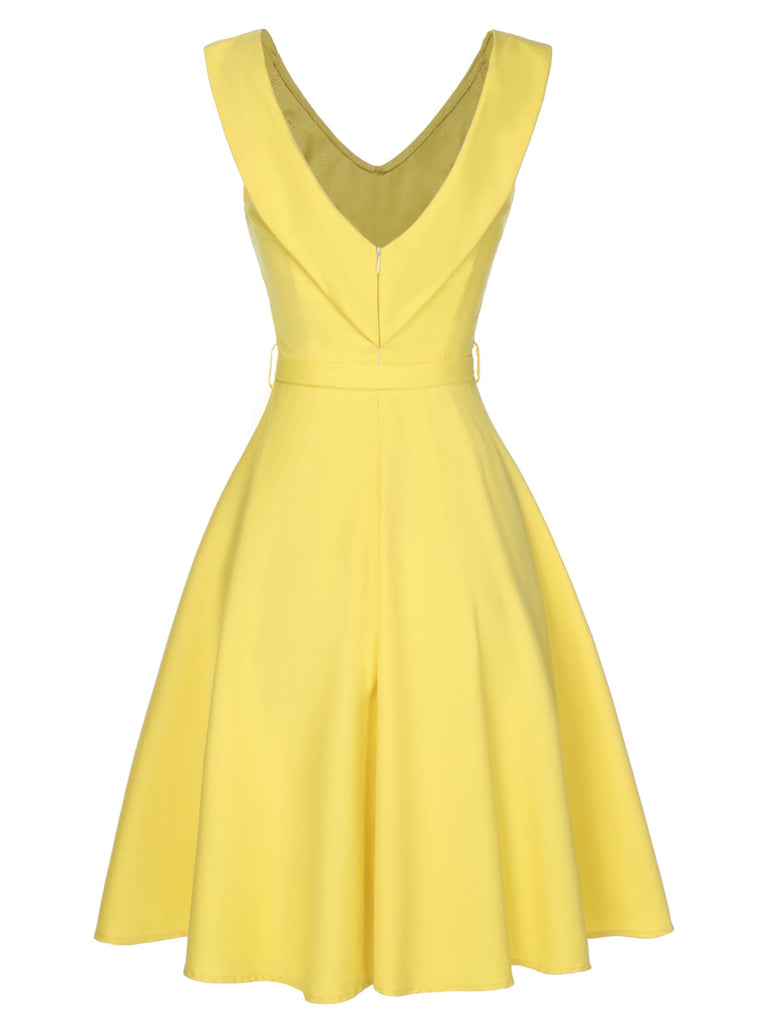 [Vorverkauf] Gelb 1950er Vintage V-Ausschnitt Regenschirm Kleid
