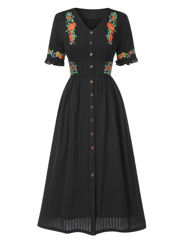 [Vorverkauf] Schwarz 1940er V-Ausschnitt Knöpfen Baumwolle Blumen Kleid