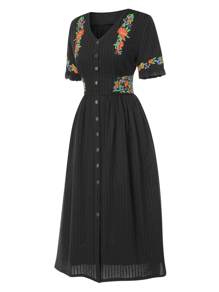 [Vorverkauf] Schwarz 1940er V-Ausschnitt Knöpfen Baumwolle Blumen Kleid