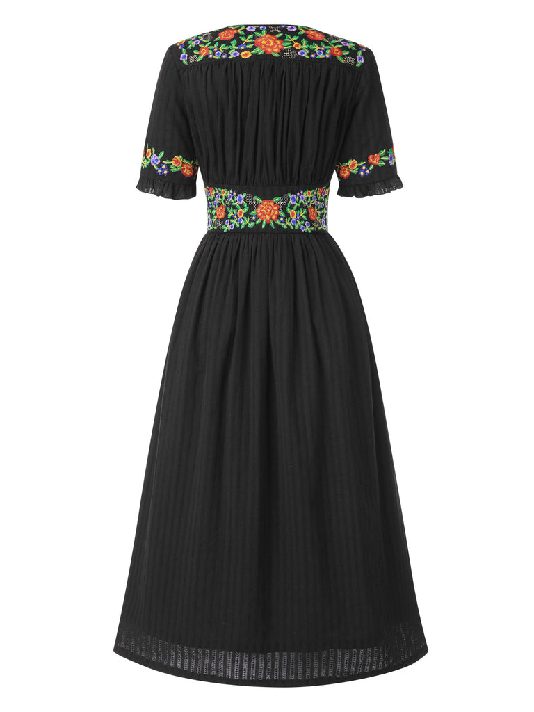 [Vorverkauf] Schwarz 1940er V-Ausschnitt Knöpfen Baumwolle Blumen Kleid
