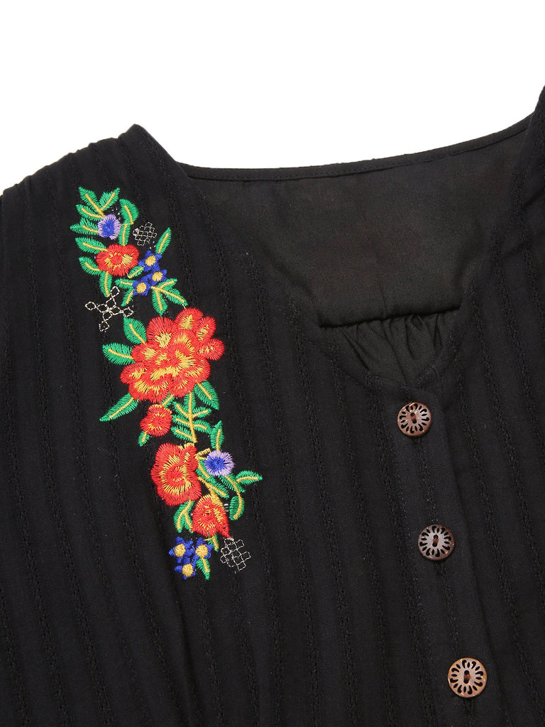 [Vorverkauf] Schwarz 1940er V-Ausschnitt Knöpfen Baumwolle Blumen Kleid