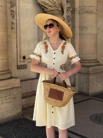 Beige 1940er V-Ausschnitt Knöpfen Blumen Kleid