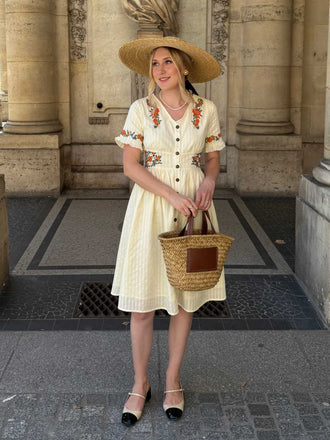 Beige 1940er V-Ausschnitt Knöpfen Blumen Kleid