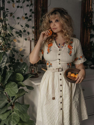 [Vorverkauf] Beige 1940er V-Ausschnitt Knöpfen Blumen Kleid