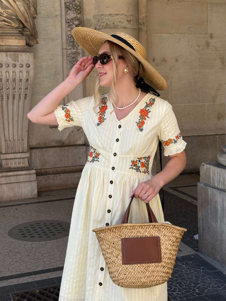 Beige 1940er V-Ausschnitt Knöpfen Blumen Kleid