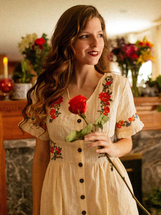 Beige 1940er V-Ausschnitt Knöpfen Blumen Kleid