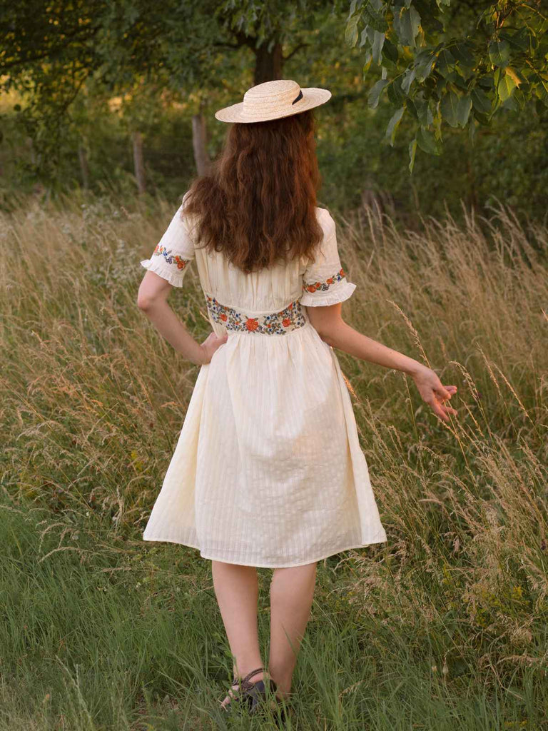 Beige 1940er V-Ausschnitt Knöpfen Blumen Kleid