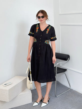 Schwarz 1940er V-Ausschnitt Knöpfen Baumwolle Blumen Kleid