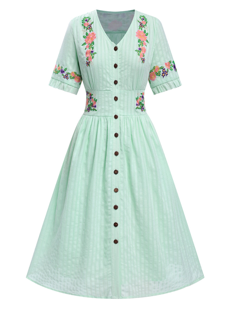 [Vorverkauf] Grün 1940er V-Ausschnitt Knöpfen Blumen Kleid