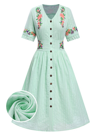 Grün 1940er V-Ausschnitt Knöpfen Baumwolle Blumen Kleid