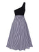 Blau 1940er Eine Schulter Patchwork Streifen Kleid