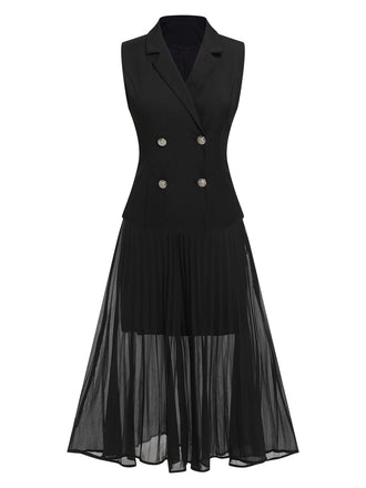 2PCS Schwarz 1960er V-Ausschnitt Top & Falten Rock