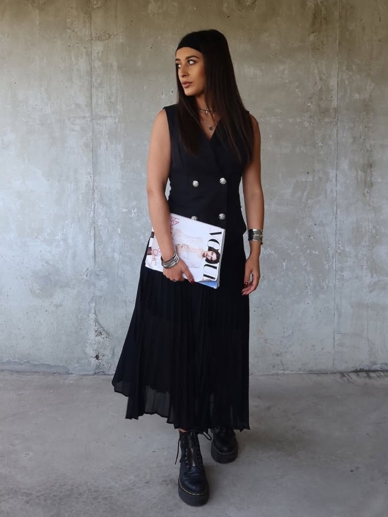 2PCS Schwarz 1960er V-Ausschnitt Top & Falten Rock